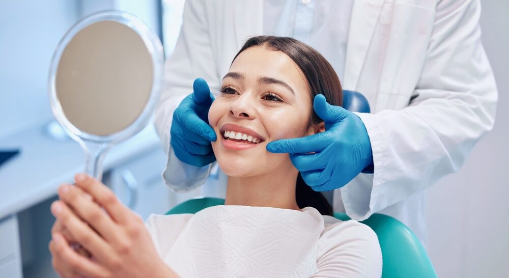 Dentist,,Mirror,And,Woman,Check,Smile,After,Teeth,Cleaning,,Braces